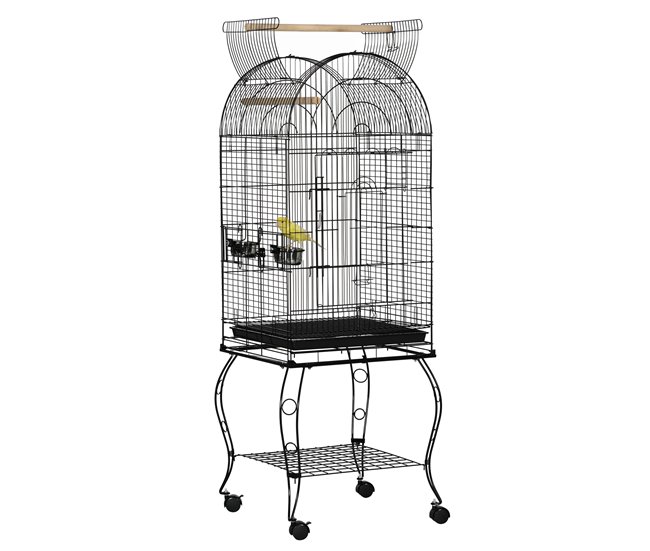 Conforama PawHut Jaula para Pájaros con Soporte y Ruedas Jaula Grande de Acero con Bandeja Extraíble 4 Puertas y 2 Comederos para Loros Guacamayos 51x51x153 cm Negro