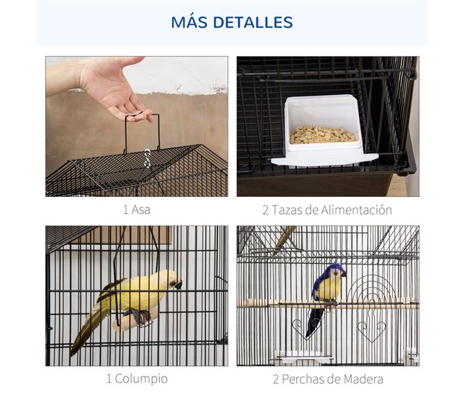Conforama PawHut Jaula Para Pájaros De Acero Pajarera Con Comederos Perchas Columpio Y Bandeja Extraíble Jaula Grande Para Loros Canario Periquito 50 5x41x63 Cm Negro