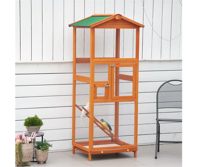 Conforama PawHut Jaula Para Pájaros Grande 68x63x165 Cm Pajarera De Madera De Abeto Con 2 Puertas Bandeja Extraíble Y Techo Asfáltico Madera