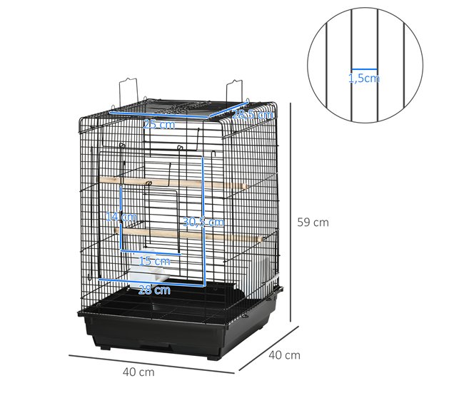 Conforama PawHut Jaula Para Pájaros Jaula Metálica De Aves 40x40x59 Cm Con Techo Abatible 2 Perchas 2 Comederos Y Bandeja Extraíble Para Canarios Periquitos Negro