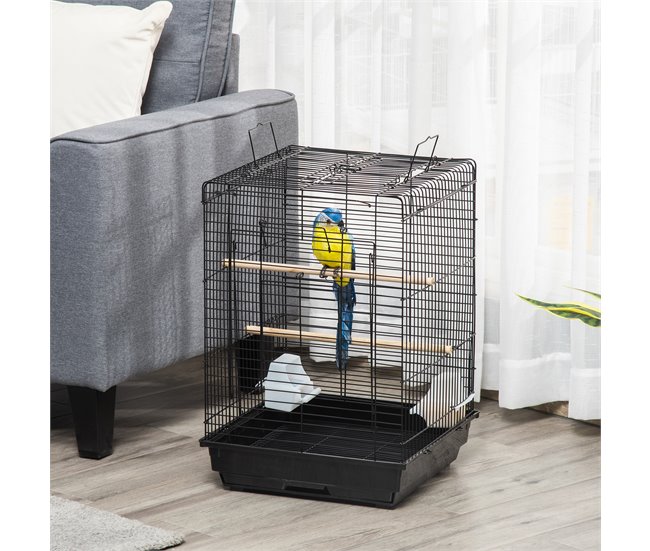 Conforama PawHut Jaula para Pájaros Jaula Metálica de Aves 40x40x59 cm con Techo Abatible 2 Perchas 2 Comederos y Bandeja Extraíble para Canarios Periquitos Negro