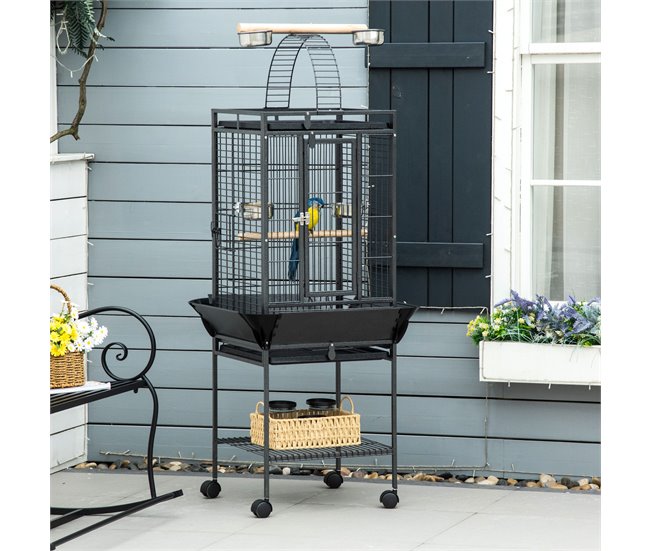 Conforama PawHut Jaula Para Pájaros Jaula Para Loros Con Ruedas Perchas Comederos Estante Puente Arqueado Y Bandejas Extraíbles Pajarera Para Cacatúas Cotorras 62 5x62 5x156 Cm Gris