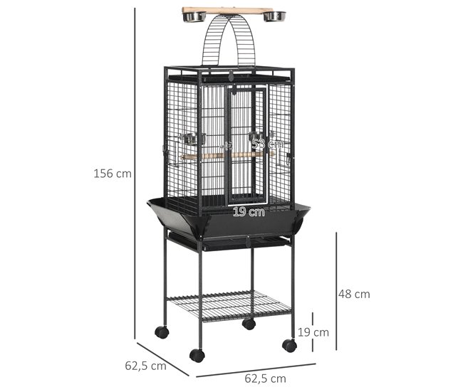 Conforama PawHut Jaula Para Pájaros Jaula Para Loros Con Ruedas Perchas Comederos Estante Puente Arqueado Y Bandejas Extraíbles Pajarera Para Cacatúas Cotorras 62 5x62 5x156 Cm Gris