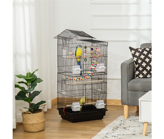 Conforama PawHut Jaula Para Pájaros Pajarera Con Múltiples Puertas 4 Comederos 3 Perchas Columpio Escaleras Y Bandeja Extraíble Para Loros Canarios Periquitos 46x36x100 Cm Negro