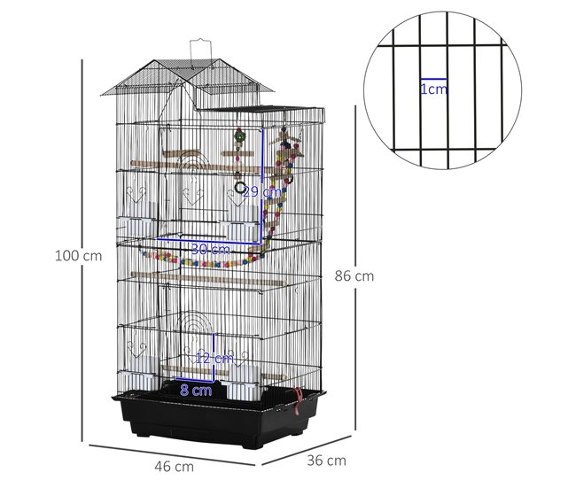 Conforama PawHut Jaula Para Pájaros Pajarera Con Múltiples Puertas 4 Comederos 3 Perchas Columpio Escaleras Y Bandeja Extraíble Para Loros Canarios Periquitos 46x36x100 Cm Negro