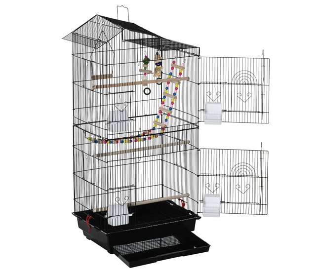 Conforama PawHut Jaula Para Pájaros Pajarera Con Múltiples Puertas 4 Comederos 3 Perchas Columpio Escaleras Y Bandeja Extraíble Para Loros Canarios Periquitos 46x36x100 Cm Negro