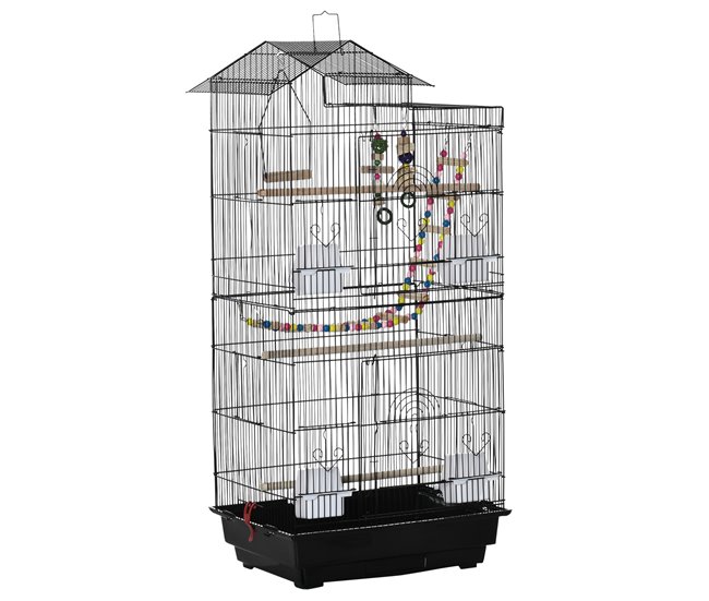 Conforama PawHut Jaula para Pájaros Pajarera con Múltiples Puertas 4 Comederos 3 Perchas Columpio Escaleras y Bandeja Extraíble para Loros Canarios Periquitos 46x36x100 cm Negro