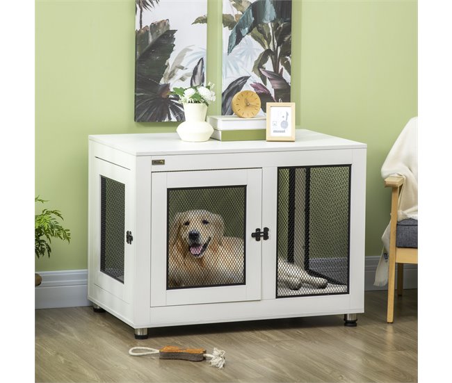 Conforama PawHut Jaula Para Perros Grandes Estilo Mueble Casa Para Perros 94x60x71 5 Cm Mesa Auxiliar Con 2 Puertas De Pestillo Cojín De Tela Oxford Y Rejillas De Acero Blanco
