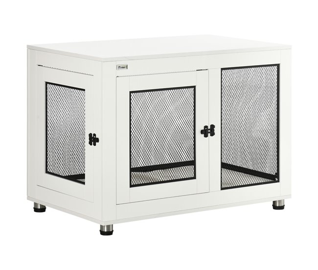 Conforama PawHut Jaula para Perros Grandes Estilo Mueble Casa para Perros 94x60x71 5 cm Mesa Auxiliar con 2 Puertas de Pestillo Cojín de Tela Oxford y Rejillas de Acero Blanco
