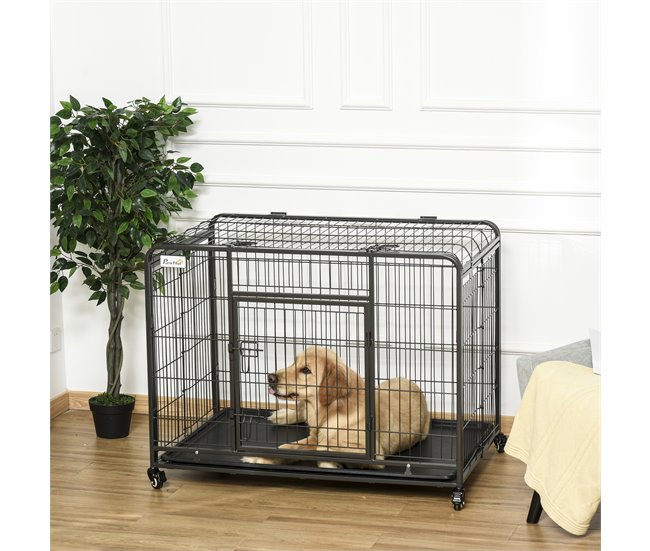 Conforama PawHut Jaula Para Perros Plegable De Metal Jaula Para Perros Grandes 109 5x71x78 Cm Con Ruedas Y Frenos Bandeja Extraíble Y Puerta Con Pestillos Para Golden Retriver Labrador Gris Oscuro