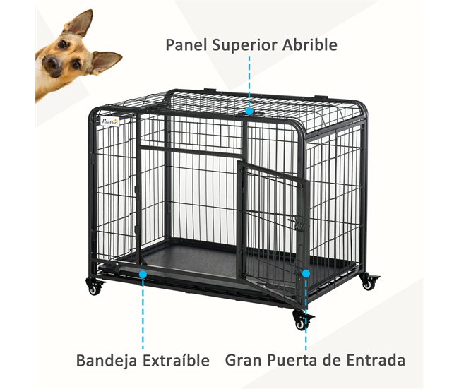 Conforama PawHut Jaula Para Perros Plegable De Metal Jaula Para Perros Grandes 109 5x71x78 Cm Con Ruedas Y Frenos Bandeja Extraíble Y Puerta Con Pestillos Para Golden Retriver Labrador Gris Oscuro