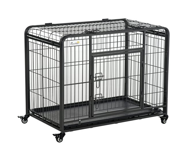Conforama PawHut Jaula para Perros Plegable de Metal Jaula para Perros Grandes 109 5x71x78 cm con Ruedas y Frenos Bandeja Extraíble y Puerta con Pestillos para Golden Retriver Labrador Gris Oscuro