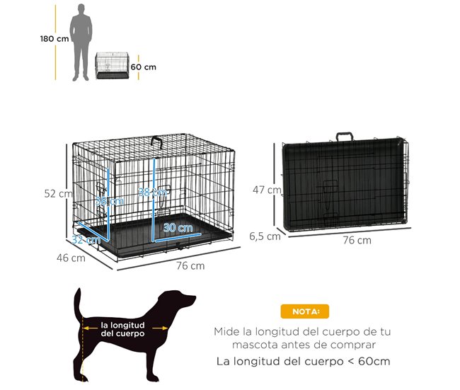 Conforama PawHut Jaula Para Perros Plegable Transportín Para Perros Con 2 Puertas Bandeja Extraíble Y Asa De Transporte 76x46x52 Cm Negro
