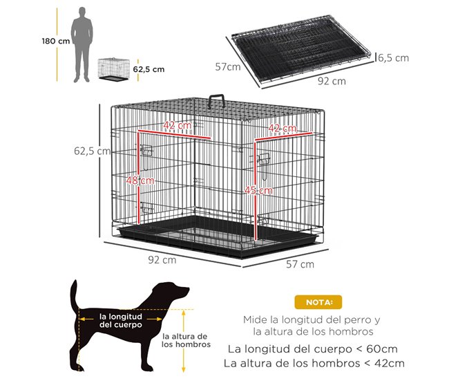 Conforama PawHut Jaula Para Perros Plegable Transportín Para Perros Con 2 Puertas Bandeja Extraíble Y Asa De Transporte 92x57x62 5 Cm Negro