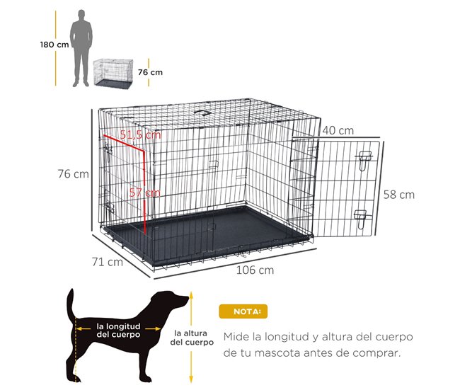 Conforama PawHut Jaula Para Perros Plegable Transportín Para Perros Con 2 Puertas Bandeja Extraíble Y Asa De Transporte 106x68x76 Cm Negro