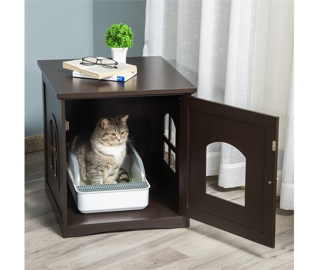 Conforama PawHut Mueble Arenero Para Gatos 2 En 1 Casa Para Gatos De Madera Con Armario De Almacenaje Encimera Amplio Puerta Y 2 Ventanas Cruzadas 48 7x53 3x53 Cm Café