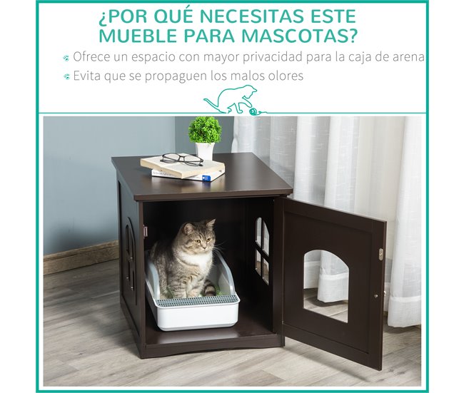 Conforama PawHut Mueble Arenero Para Gatos 2 En 1 Casa Para Gatos De Madera Con Armario De Almacenaje Encimera Amplio Puerta Y 2 Ventanas Cruzadas 48 7x53 3x53 Cm Café