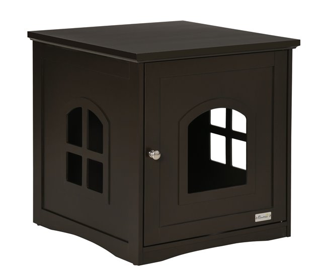 Conforama PawHut Mueble Arenero para Gatos 2 en 1 Casa para Gatos de Madera con Armario de Almacenaje Encimera Amplio Puerta y 2 Ventanas Cruzadas 48 7x53 3x53 cm Café