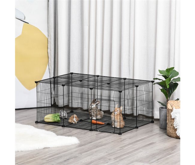 Conforama PawHut Parque Para Mascotas DIY Jaula Para Animales Pequeños De 22 Paneles De Malla Metálica Con Puerta Conejos Cobaya 105x70x45 Cm Negro