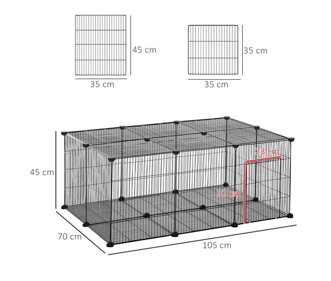Conforama PawHut Parque Para Mascotas DIY Jaula Para Animales Pequeños De 22 Paneles De Malla Metálica Con Puerta Conejos Cobaya 105x70x45 Cm Negro