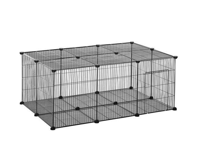 Conforama PawHut Parque para Mascotas DIY Jaula para Animales Pequeños de 22 Paneles de Malla Metálica con Puerta Conejos Cobaya 105x70x45 cm Negro