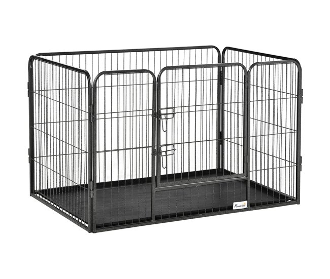 Conforama PawHut Parque para Mascotas Rectangular Parque de Juegos para Mascotas 4 Paneles de Acero 109x74x71 cm con Puerta de Doble Pestillo y Bandeja Extraíble para Exterior e Interior