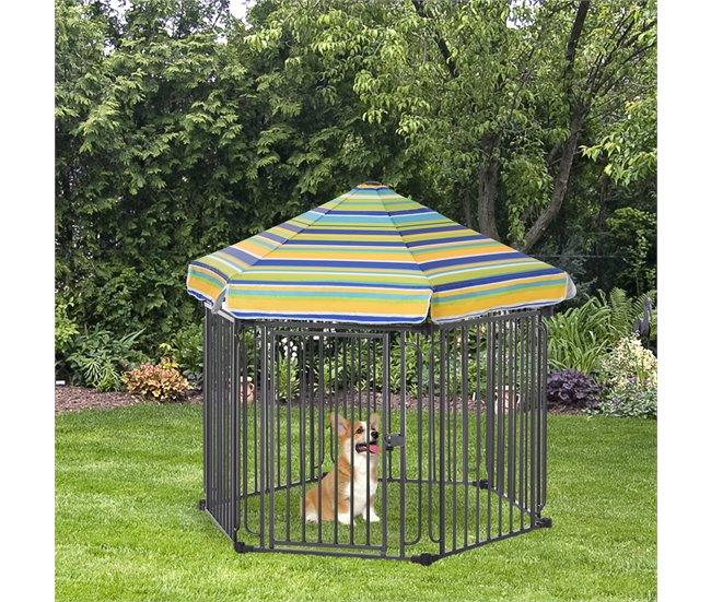 Conforama PawHut Parque Para Perros 6 Vallas De Metal 61x76 Cm Corrales Desmontables Para Perros Con Techo Hexagonal Y Puerta Con Cierre De Seguridad 122x105x119 Cm Negro Y Colorido