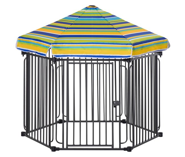 Conforama PawHut Parque para Perros 6 Vallas de Metal 61x76 cm Corrales Desmontables para Perros con Techo Hexagonal y Puerta con Cierre de Seguridad 122x105x119 cm Negro y Colorido