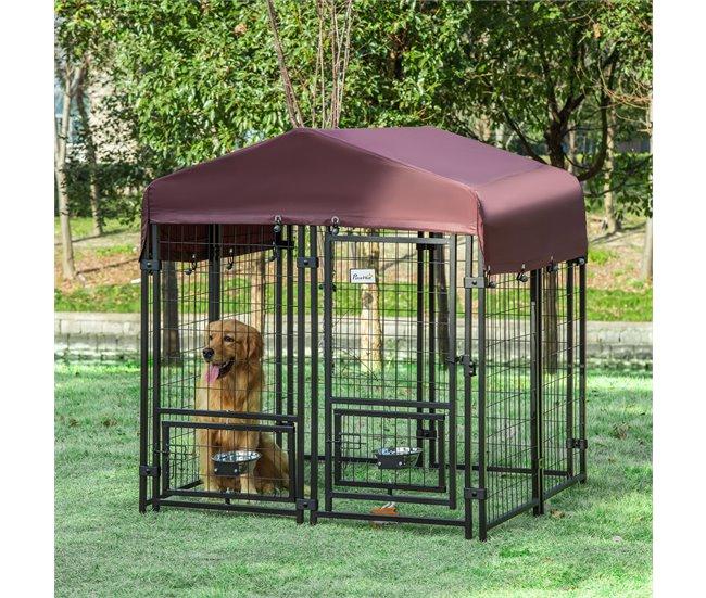 Conforama PawHut Perrera De Exterior Con Toldo De Tela Oxford Parque Para Perros 8 Vallas De Acero Con 2 Comederos Giratorios Puerta Y Cerradura Jaula Para Perros De Jardín 120x120x138 Cm Negro