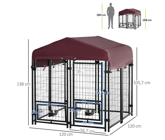 Conforama PawHut Perrera De Exterior Con Toldo De Tela Oxford Parque Para Perros 8 Vallas De Acero Con 2 Comederos Giratorios Puerta Y Cerradura Jaula Para Perros De Jardín 120x120x138 Cm Negro