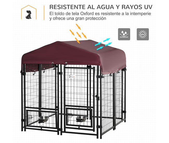 Conforama PawHut Perrera De Exterior Con Toldo De Tela Oxford Parque Para Perros 8 Vallas De Acero Con 2 Comederos Giratorios Puerta Y Cerradura Jaula Para Perros De Jardín 120x120x138 Cm Negro