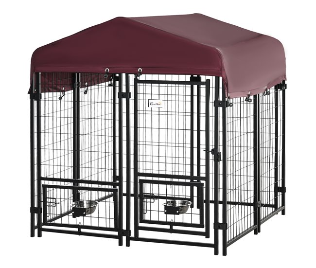 Conforama PawHut Perrera de Exterior con Toldo de Tela Oxford Parque para Perros 8 Vallas de Acero con 2 Comederos Giratorios Puerta y Cerradura Jaula para Perros de Jardín 120x120x138 cm Negro