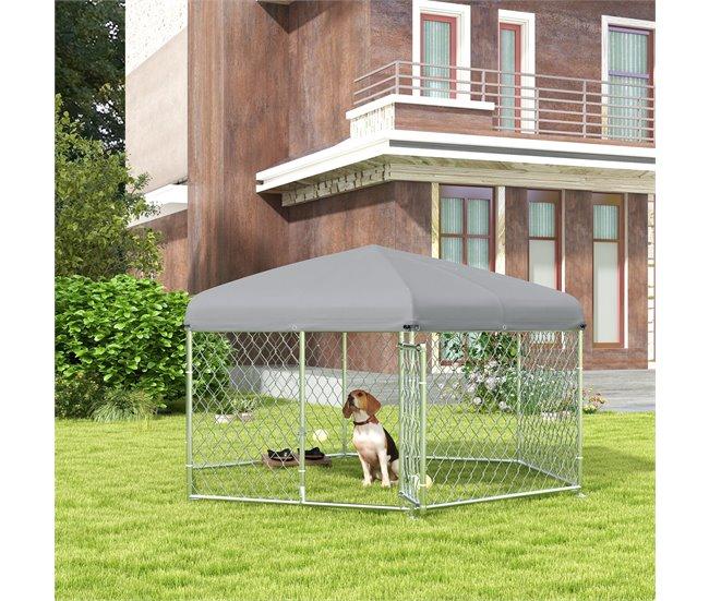 Conforama PawHut Perrera De Exterior Hexagonal Jaula Para Perros Con Puerta Marco De Acero Galvanizado Y Toldo Impermeable Y Anti-UV 210x185x150 Cm Plata