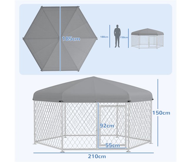 Conforama PawHut Perrera De Exterior Hexagonal Jaula Para Perros Con Puerta Marco De Acero Galvanizado Y Toldo Impermeable Y Anti-UV 210x185x150 Cm Plata