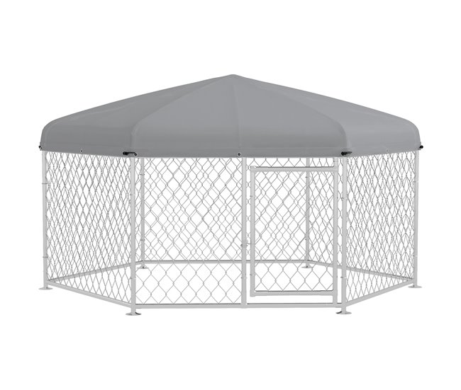 Conforama PawHut Perrera de Exterior Hexagonal Jaula para Perros con Puerta Marco de Acero Galvanizado y Toldo Impermeable y Anti-UV 210x185x150 cm Plata