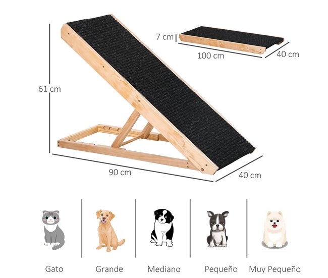 Conforama PawHut Rampa Plegable Para Perros Y Gatos De Madera Con Altura Ajustable De 4 Niveles Y Alfombra Antideslizante Escaleras De Mascotas Para Coche Cama Y Sofá 90x40x61 Cm Natural
