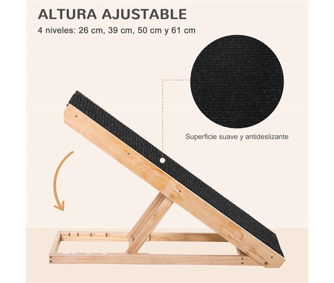 Conforama PawHut Rampa Plegable Para Perros Y Gatos De Madera Con Altura Ajustable De 4 Niveles Y Alfombra Antideslizante Escaleras De Mascotas Para Coche Cama Y Sofá 90x40x61 Cm Natural