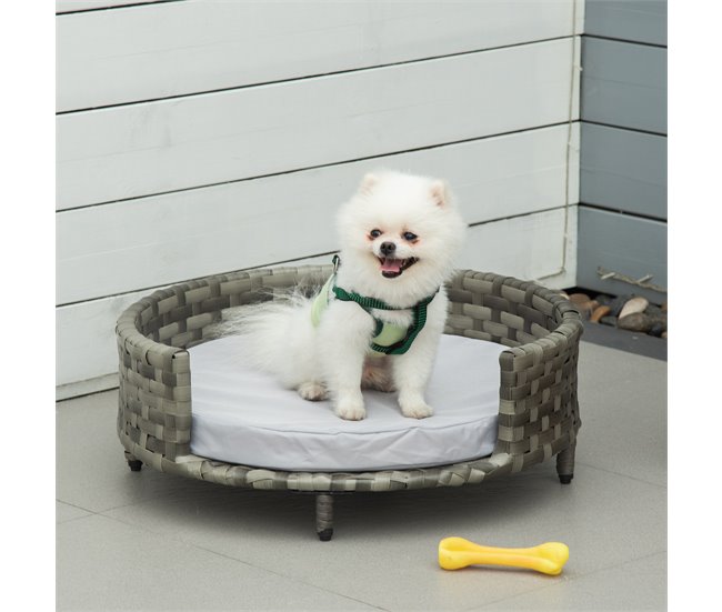 Conforama PawHut Sofá Cama Para Perros De Ratán Cama Elevada Redonda Para Mascotas Gatos Con Cojín Suave Y Lavable Para Interior Y Exterior 60x60x20 Cm Gris