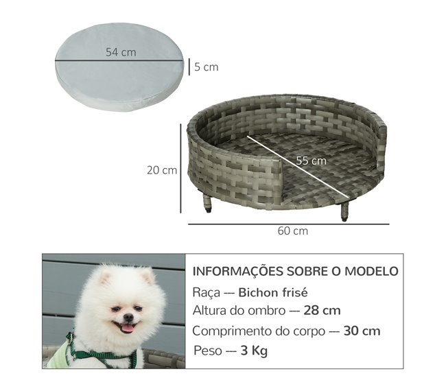 Conforama PawHut Sofá Cama Para Perros De Ratán Cama Elevada Redonda Para Mascotas Gatos Con Cojín Suave Y Lavable Para Interior Y Exterior 60x60x20 Cm Gris
