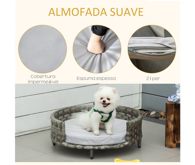 Conforama PawHut Sofá Cama Para Perros De Ratán Cama Elevada Redonda Para Mascotas Gatos Con Cojín Suave Y Lavable Para Interior Y Exterior 60x60x20 Cm Gris
