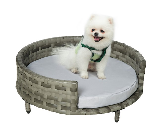 Conforama PawHut Sofá Cama Para Perros De Ratán Cama Elevada Redonda Para Mascotas Gatos Con Cojín Suave Y Lavable Para Interior Y Exterior 60x60x20 Cm Gris