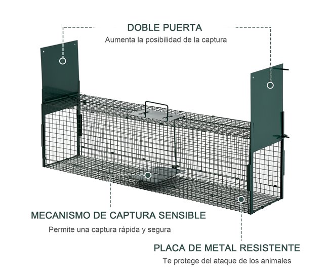 Conforama PawHut Trampa Para Animales Vivos Jaula De Captura Metálica Con 2 Puertas Asa Para Conejos Visones Zorros Pequeños 100x25x28 Cm Verde Oscuro