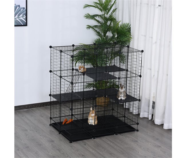 Conforama PawHut Valla Metálica Para Pequeños Animales Montaje DIY Parque Metálica Desmontable Con 3 Niveles Y 4 Puertas Grandes 6 Bandejas Extraíbles Jaula De Mascotas Pequeñas 111x75x119 Cm Negro