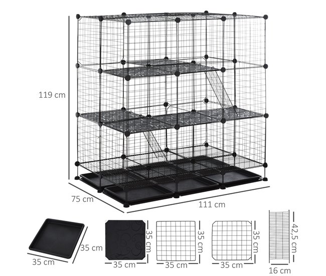 Conforama PawHut Valla Metálica Para Pequeños Animales Montaje DIY Parque Metálica Desmontable Con 3 Niveles Y 4 Puertas Grandes 6 Bandejas Extraíbles Jaula De Mascotas Pequeñas 111x75x119 Cm Negro