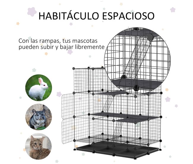 Conforama PawHut Valla Metálica Para Pequeños Animales Montaje DIY Parque Metálica Desmontable Con 3 Niveles Y 4 Puertas Grandes 6 Bandejas Extraíbles Jaula De Mascotas Pequeñas 111x75x119 Cm Negro