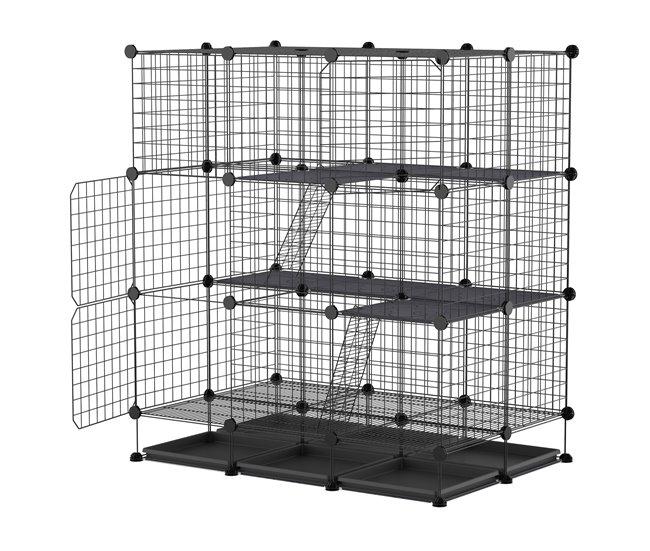Conforama PawHut Valla Metálica para Pequeños Animales Montaje DIY Parque Metálica Desmontable con 3 Niveles y 4 Puertas Grandes 6 Bandejas Extraíbles Jaula de Mascotas Pequeñas 111x75x119 cm Negro