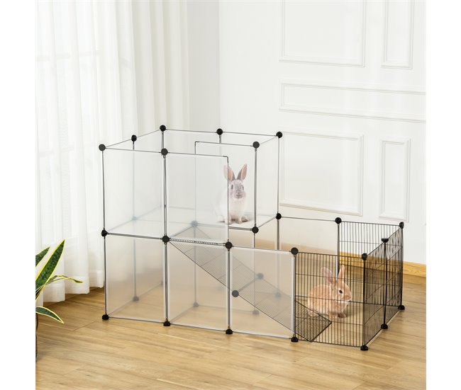 Conforama PawHut Valla Para Animales Pequeños DIY Con 21 Paneles De Resina Y 6 Paneles De Alambre Jaula Modular De Plástico Para Cobayas Conejos 140x70x90 Cm Translúcido Y Negro