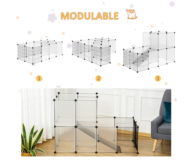 Conforama PawHut Valla Para Animales Pequeños DIY Con 21 Paneles De Resina Y 6 Paneles De Alambre Jaula Modular De Plástico Para Cobayas Conejos 140x70x90 Cm Translúcido Y Negro