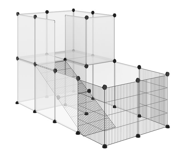 Conforama PawHut Valla para Animales Pequeños DIY con 21 Paneles de Resina y 6 Paneles de Alambre Jaula Modular de Plástico para Cobayas Conejos 140x70x90 cm Translúcido y Negro