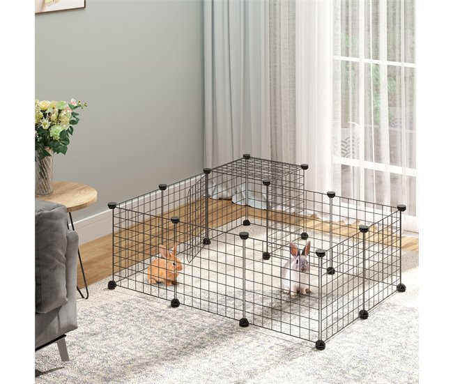 Conforama PawHut Valla Para Animales Pequeños DIY Con 24 Paneles Parque Para Mascotas Con Malla Metálica Jaula Modular Para Cobayas Conejos Chinchillas 105x105x70 Cm Negro